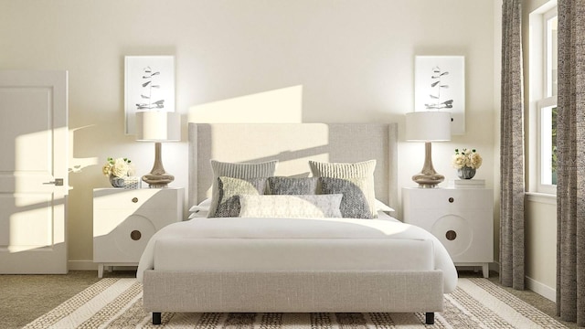 carpeted bedroom featuring baseboards and multiple windows