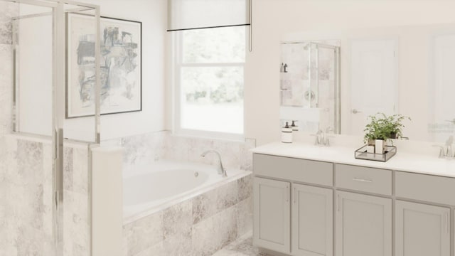 full bath featuring a bath, a stall shower, a healthy amount of sunlight, and a sink