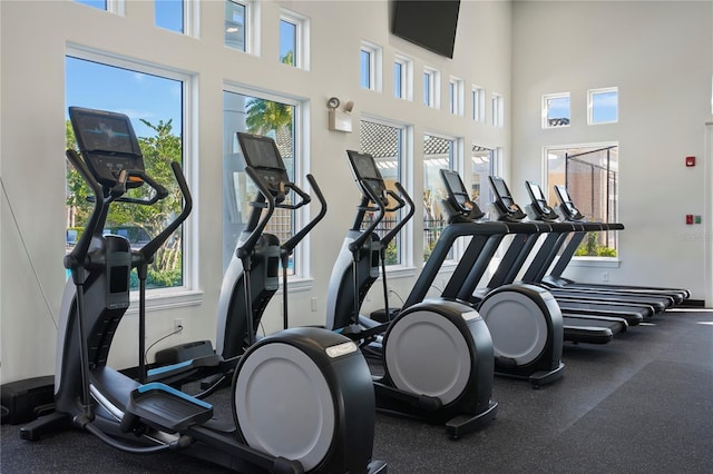workout area featuring a high ceiling