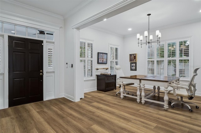 foyer entrance with wood finished floors, healthy amount of natural light, a chandelier, baseboards, and recessed lighting