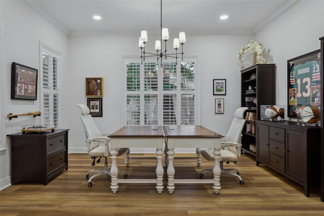 office with wood finished floors, a chandelier, crown molding, recessed lighting, and baseboards