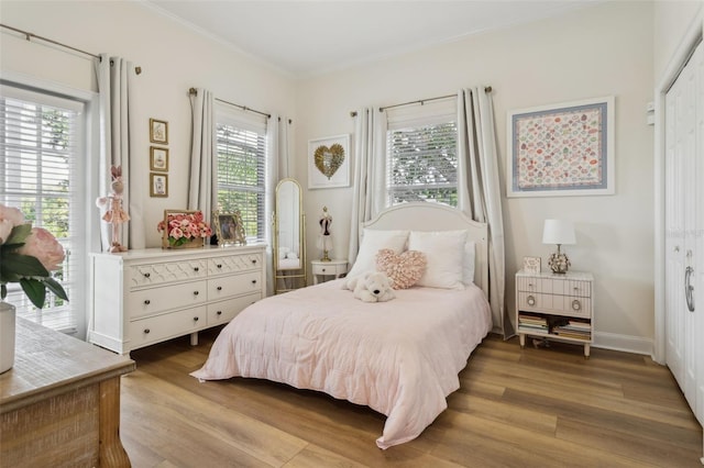 bedroom with wood finished floors, ornamental molding, and a closet
