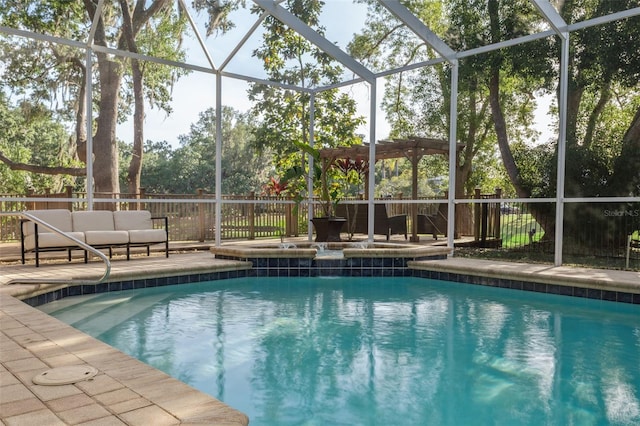 view of swimming pool featuring a fenced backyard, a pergola, and glass enclosure