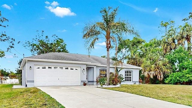 2675 Cherokee St, North Port, FL 34286 - ranch-style home with stucco siding, concrete driveway, an attached garage, and a front yard