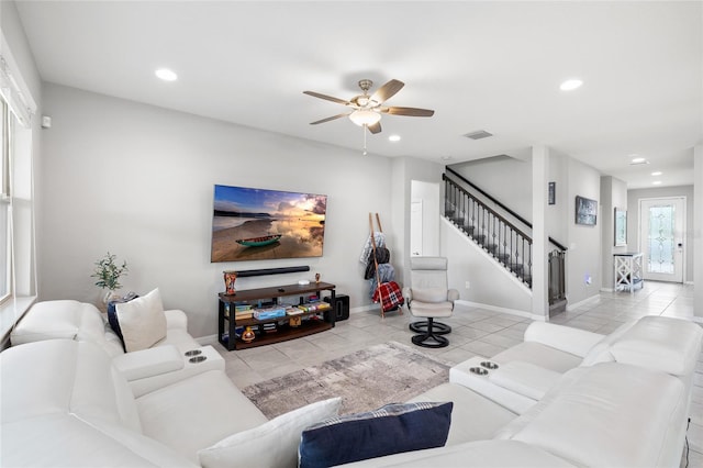 tiled living area with stairs, recessed lighting, ceiling fan, and visible vents