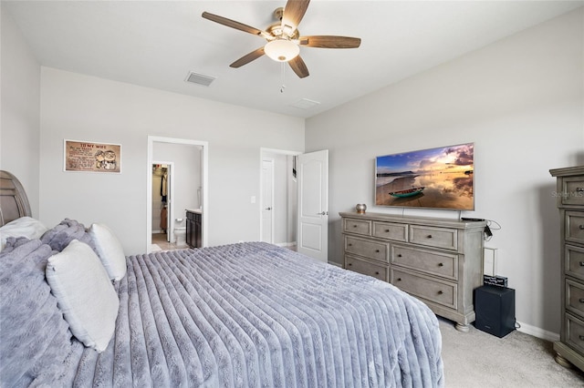 bedroom featuring baseboards, ceiling fan, light carpet, and visible vents