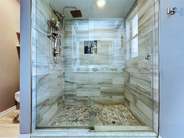 full bathroom featuring toilet, baseboards, and a shower stall