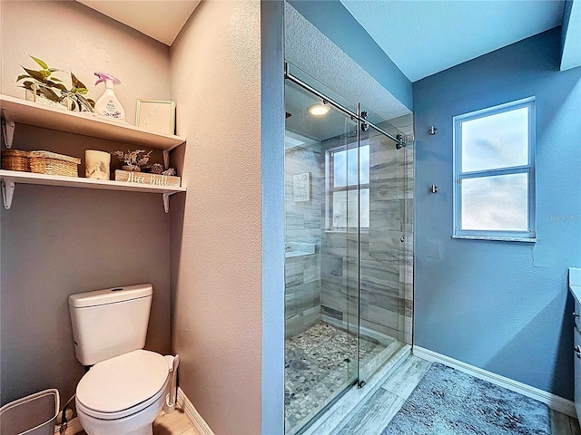 bathroom featuring a shower stall, baseboards, toilet, and wood finished floors