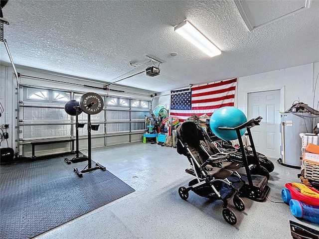 interior space featuring gas water heater and a garage door opener