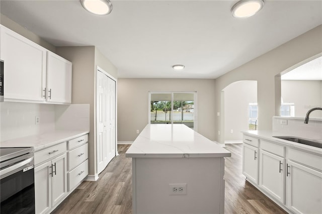 11323 Ivy Flower Loop, Riverview, FL 33578 - kitchen featuring a center island, a sink, arched walkways, tasteful backsplash, and electric range
