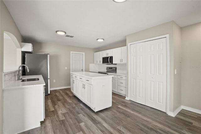 11323 Ivy Flower Loop, Riverview, FL 33578 - kitchen featuring baseboards, visible vents, a sink, dark wood-type flooring, and appliances with stainless steel finishes