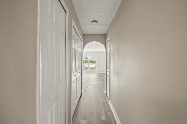 11323 Ivy Flower Loop, Riverview, FL 33578 - hallway featuring a textured ceiling, a textured wall, baseboards, and light wood-style floors