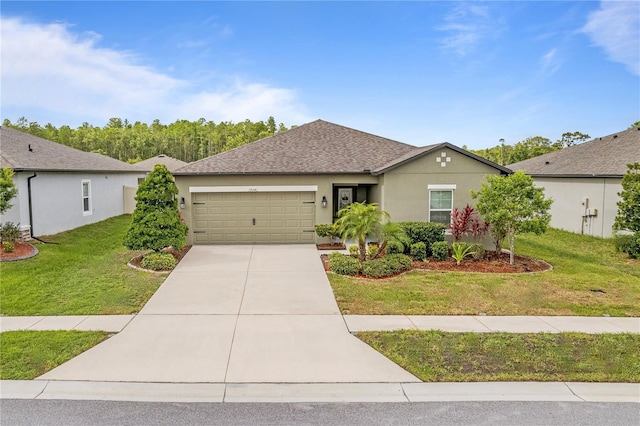 ranch-style home with an attached garage, a front yard, driveway, stucco siding, and a shingled roof