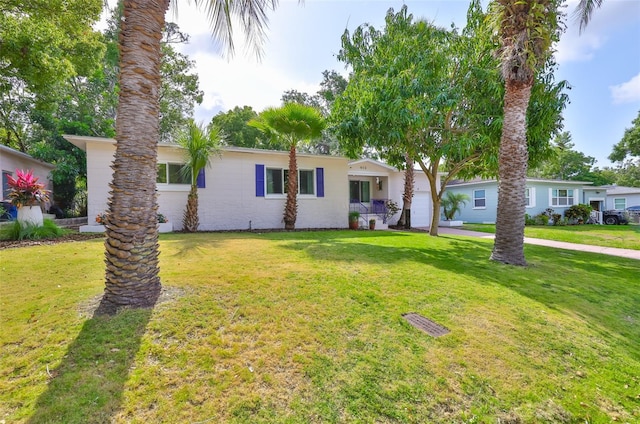 ranch-style house with a garage and a front lawn