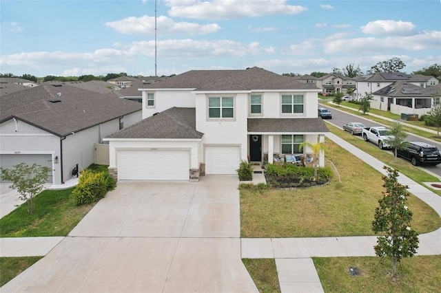 traditional home with stucco siding, driveway, a residential view, roof with shingles, and a garage