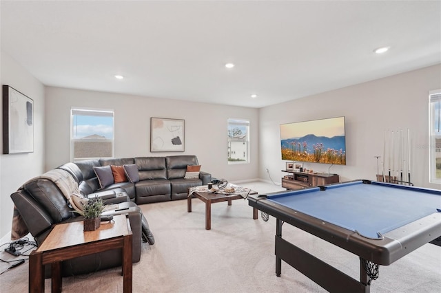 game room featuring light colored carpet, recessed lighting, and billiards