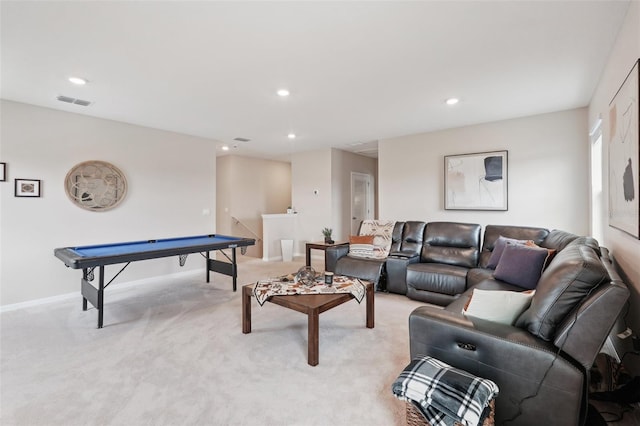 living area featuring light colored carpet, recessed lighting, baseboards, and billiards