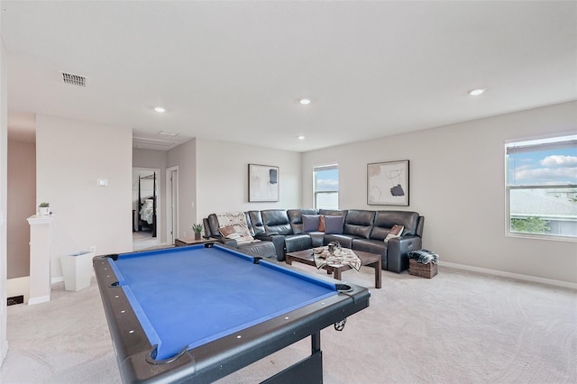 recreation room with light carpet, recessed lighting, baseboards, and billiards table