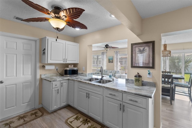 9743 36th Way N Unit 4, Pinellas Park, FL 33782 - kitchen with a sink, a ceiling fan, light wood finished floors, plenty of natural light, and a textured ceiling