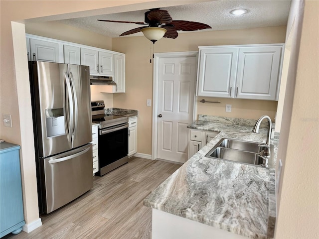 9743 36th Way N Unit 4, Pinellas Park, FL 33782 - kitchen with stainless steel appliances, under cabinet range hood, ceiling fan, white cabinetry, and light wood-type flooring