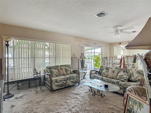 1011 SE 4th Ave, Crystal River, FL 34429 - living area with a textured ceiling, concrete flooring, a ceiling fan, and visible vents