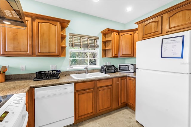 6515 Dimarco Rd, Tampa, FL 33634 - kitchen with white appliances, open shelves, a sink, brown cabinets, and recessed lighting