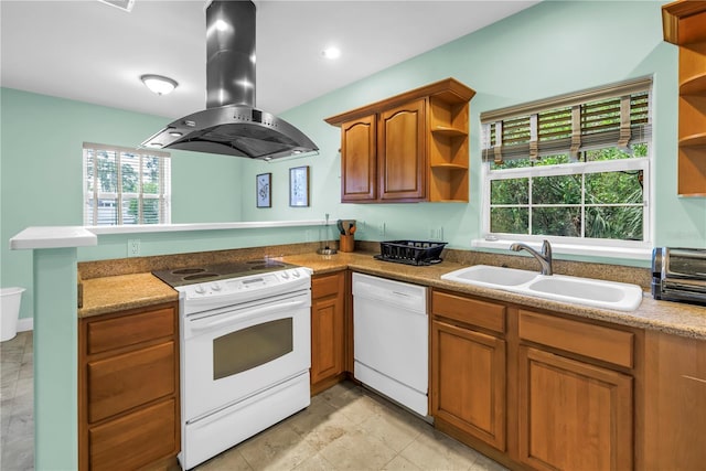 6515 Dimarco Rd, Tampa, FL 33634 - kitchen featuring white appliances, open shelves, island exhaust hood, a sink, and a peninsula