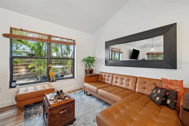 living room with wood finished floors, baseboards, and lofted ceiling