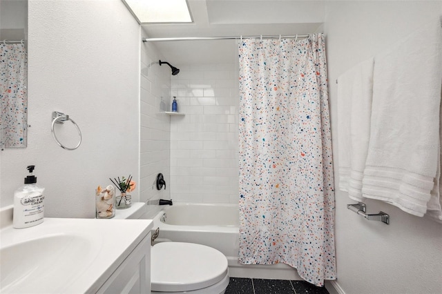 bathroom with shower / bath combination with curtain, toilet, tile patterned flooring, and vanity