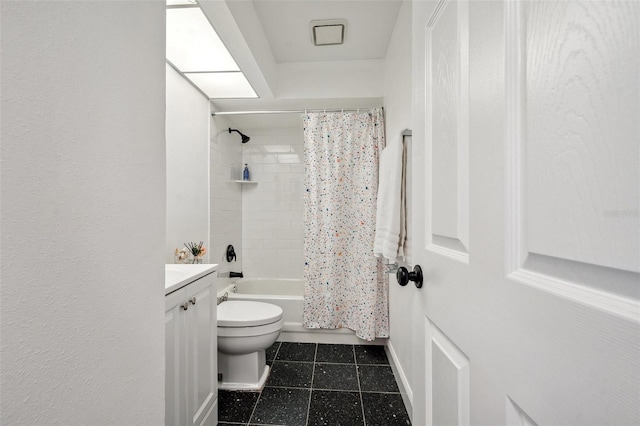 full bath with tile patterned floors, toilet, shower / tub combo, and vanity