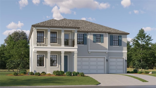 6909 E 116th Ct, Palmetto, FL 34221 - view of front of property with a balcony, a garage, stucco siding, a shingled roof, and concrete driveway