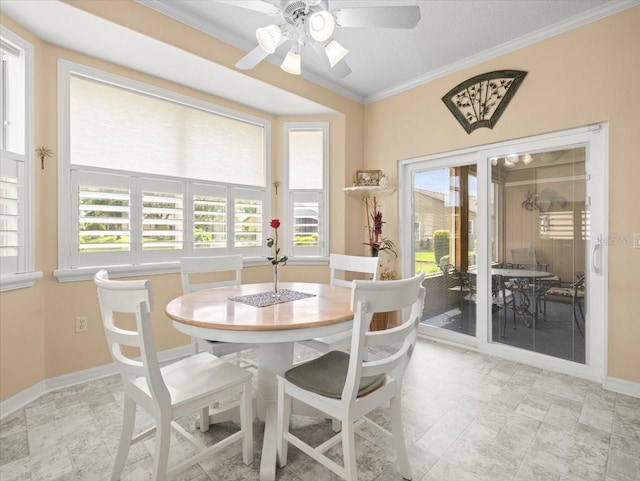 dining space featuring crown molding, a ceiling fan, and baseboards