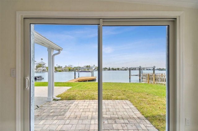 entryway with a water view