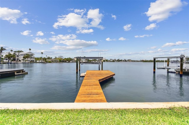dock with boat lift and a water view