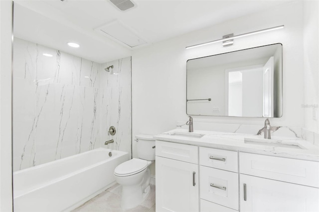 full bathroom featuring toilet, double vanity, marble look tile flooring,  shower combination, and recessed lighting