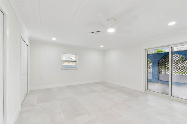 unfurnished room with a ceiling fan, healthy amount of natural light, ornamental molding, recessed lighting, and baseboards