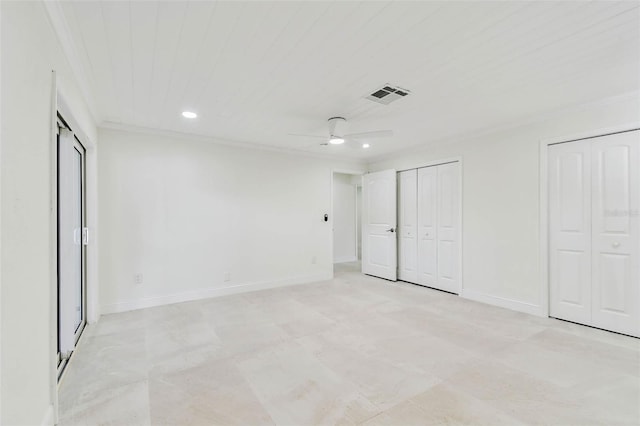 unfurnished bedroom with two closets, recessed lighting, ceiling fan, crown molding, and baseboards