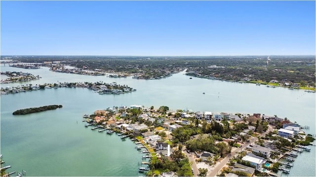 aerial view of a nearby body of water and numerous boat docks