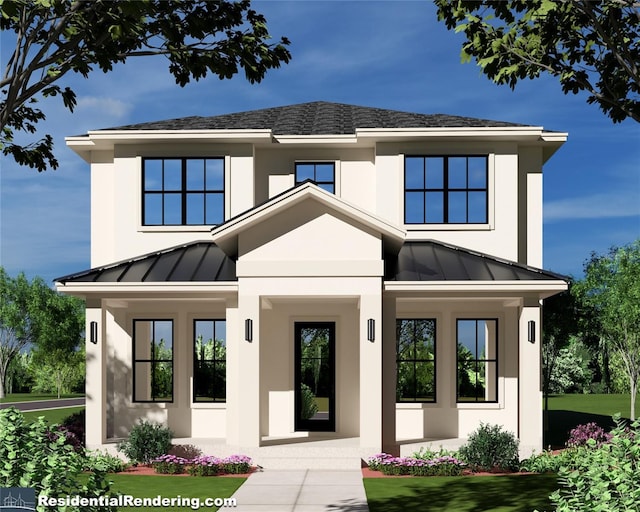 back of house featuring a porch, a standing seam roof, and stucco siding