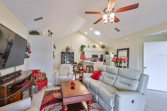 815 Silverthorn Ln Unit 0, Sun City Center, FL 33573 - living room with ceiling fan, high vaulted ceiling, and recessed lighting