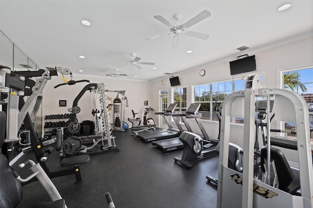 5000 Culbreath Key Way Unit 8-319, Tampa, FL 33611 - exercise room featuring crown molding, recessed lighting, and ceiling fan