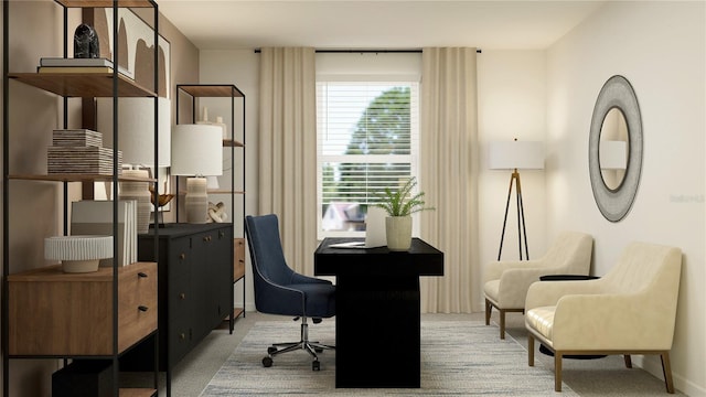 carpeted home office featuring baseboards