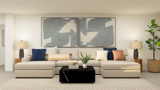 carpeted living room featuring baseboards