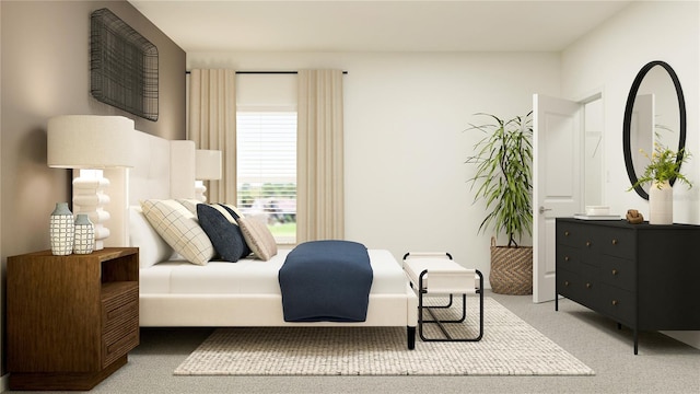 bedroom with light colored carpet