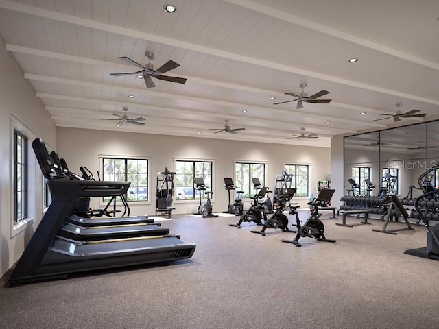 workout area featuring wooden ceiling, a healthy amount of sunlight, and recessed lighting