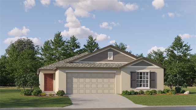 single story home featuring concrete driveway, a front yard, a shingled roof, and a garage