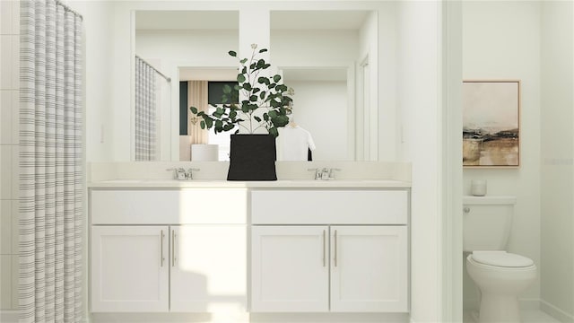 full bathroom with double vanity, toilet, baseboards, and a sink