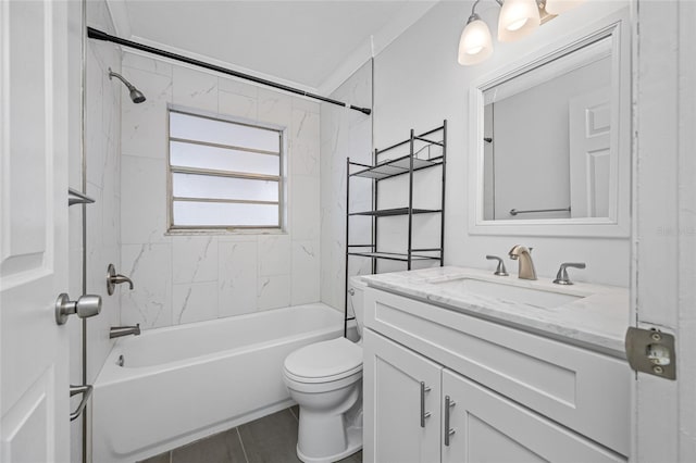 full bath with toilet, vanity, and shower / tub combination