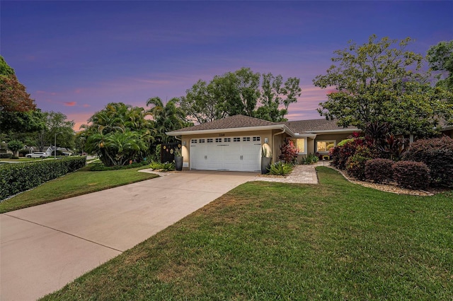 3268 Tanglewood Trl, Palm Harbor, FL 34685 - ranch-style house featuring a garage, driveway, a front yard, and stucco siding