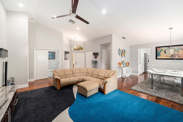 3268 Tanglewood Trl, Palm Harbor, FL 34685 - living area featuring ceiling fan, dark wood-style flooring, baseboards, recessed lighting, and high vaulted ceiling